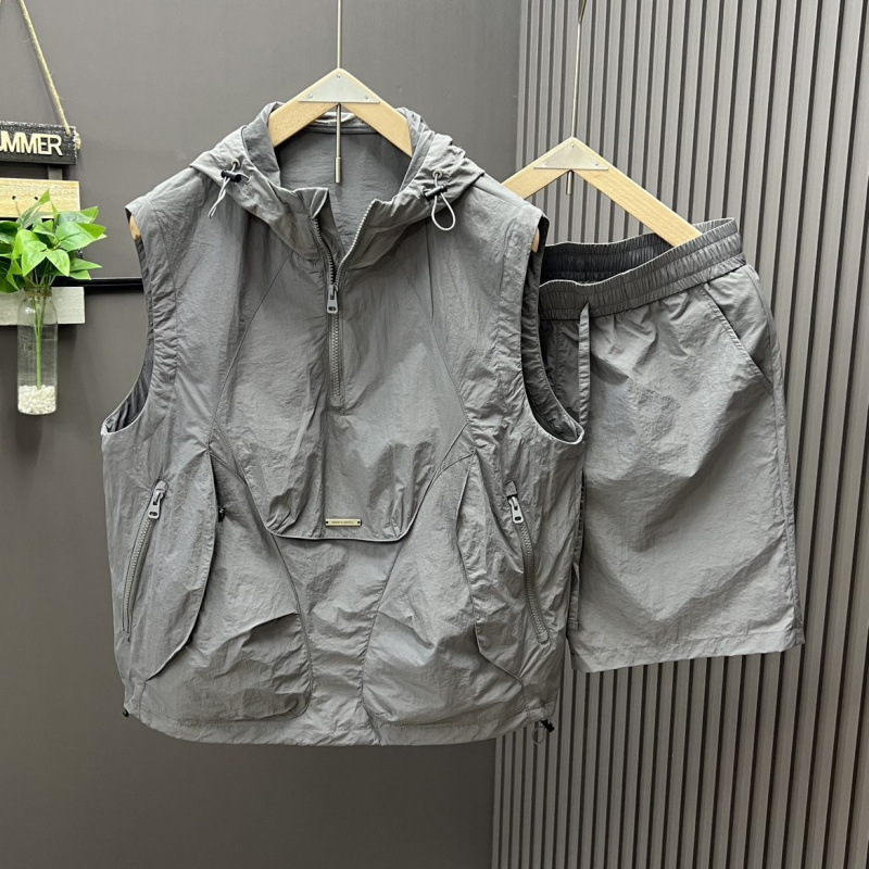 Mens Fashion Suits - 2피스 캐주얼하고 세련된 후드 조끼 반바지