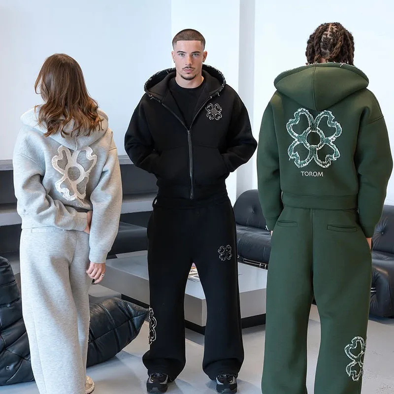 Mens Fashion Zip Up - 봄 가을 오버사이즈 네잎 클로버 아플리케