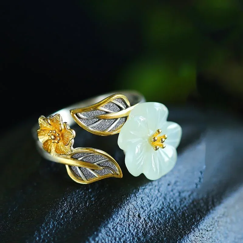 Men'S Fashion Rings - 925 실버 화이트 Hetian 옥 꽃