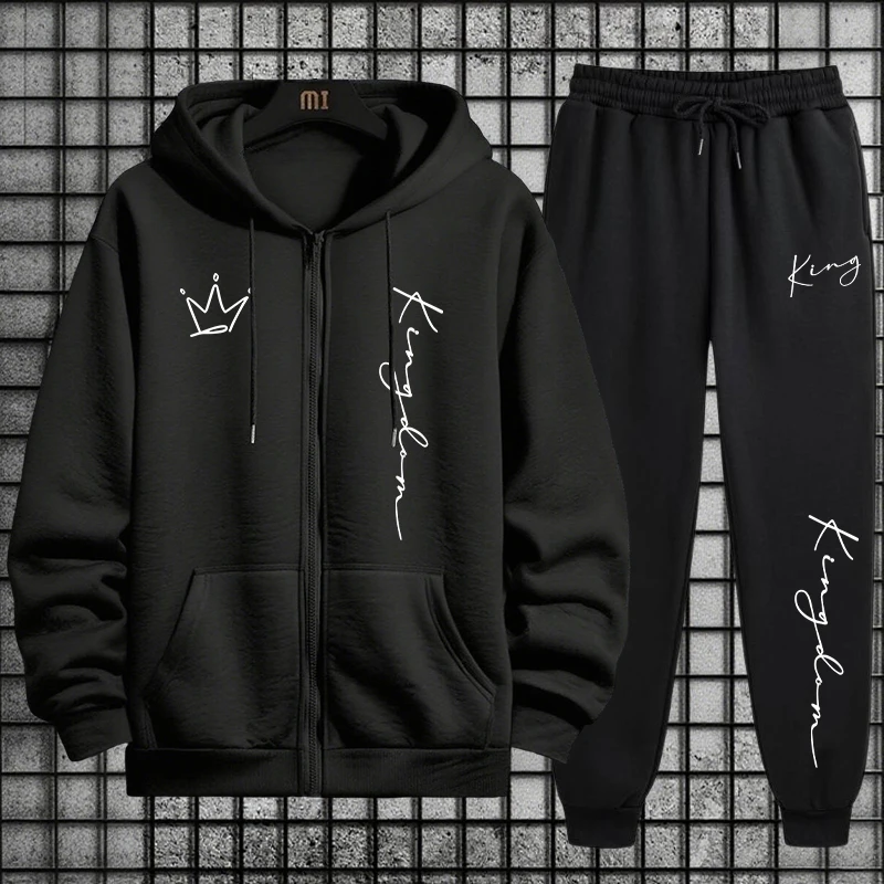 Men'S Fashion Zipper Hoodie - 킹 레터 프린트 후드티와 스웨트팬츠 남성