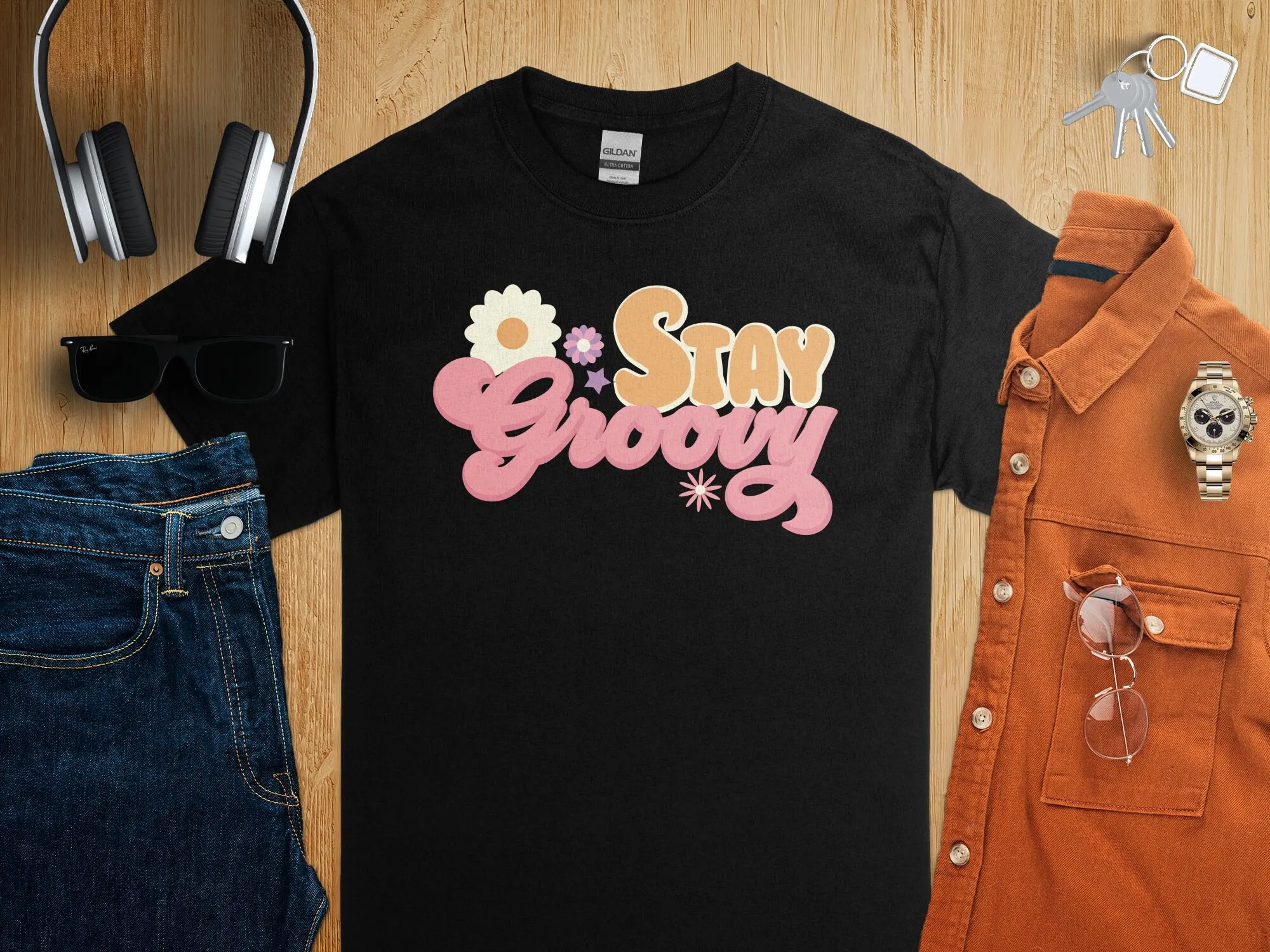 Men'S Fashion 70S - Stay Groovy 레트로 스타일 티셔츠 빈티지