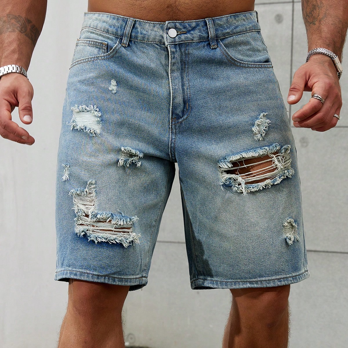 Men'S Fashion Overalls - 남성용 찢어진 짧은 청바지 브랜드 의류,