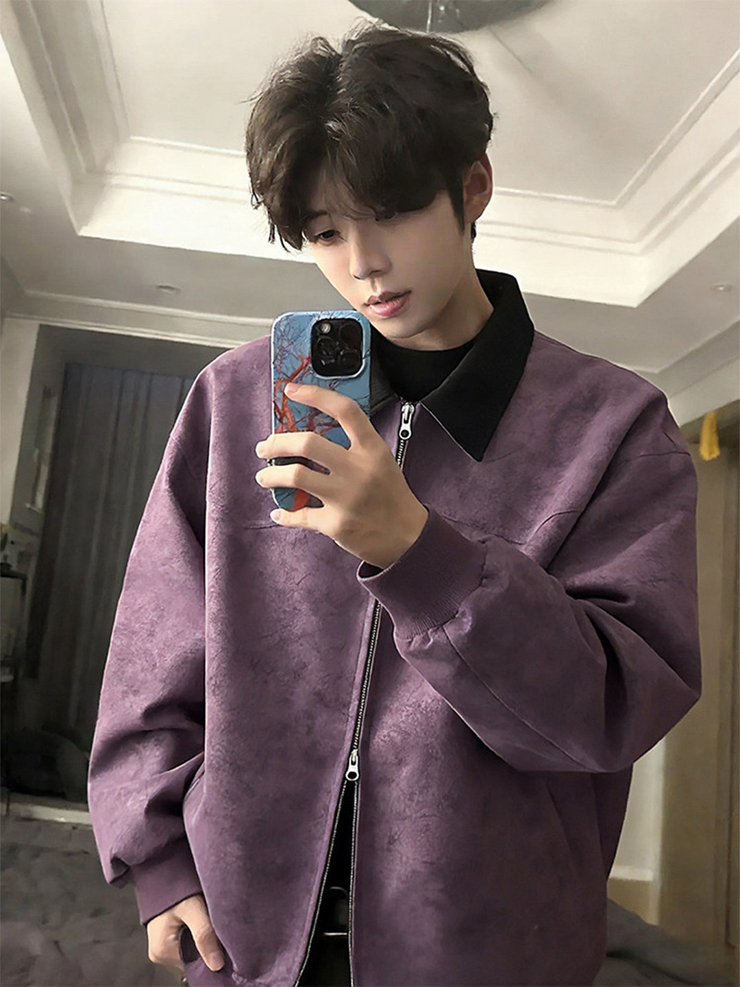 Harrington Jacket - 퍼플 염색 PU 가죽 재킷 남성용