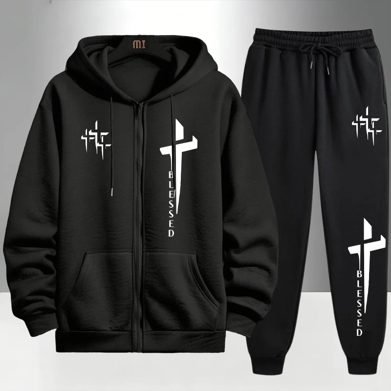 Men'S Fashion Zipper Hoodie - 크로스 블레스드 프린트 남성용 트랙수트, 지퍼