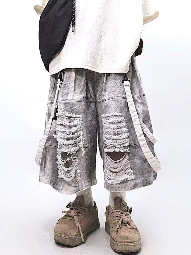 Men'S Fashion Overalls - 레트로 힙합 남성용 찢어진 청바지 여름