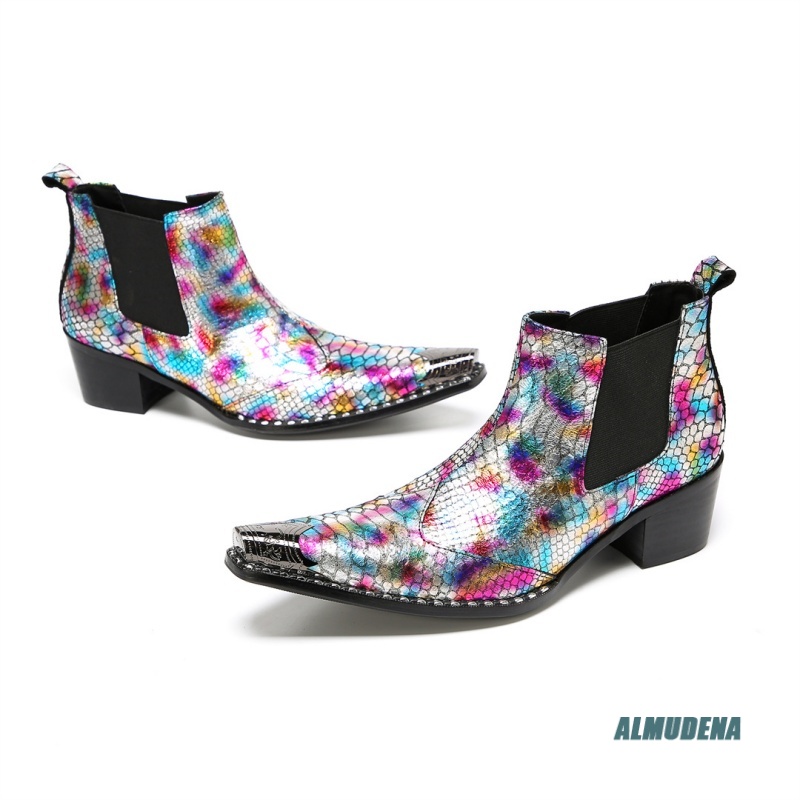 멀티컬러 메탈릭 스네이크 프린트 포인티드 토 블록 힐  - Mens Fashion Dress Shoes 리뷰 및 가격