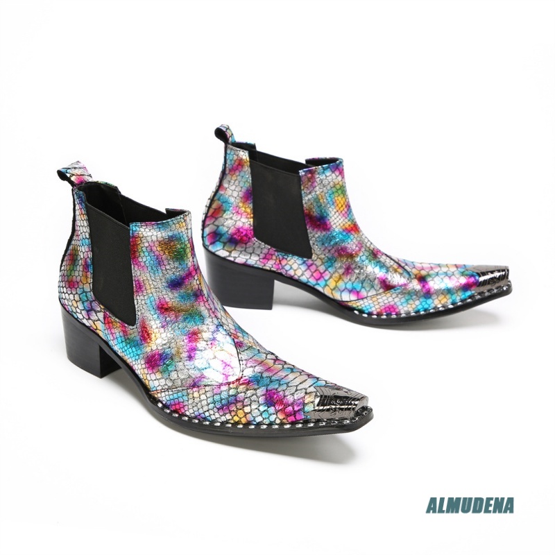 멀티컬러 메탈릭 스네이크 프린트 포인티드 토 블록 힐  - Mens Fashion Dress Shoes 리뷰 및 가격