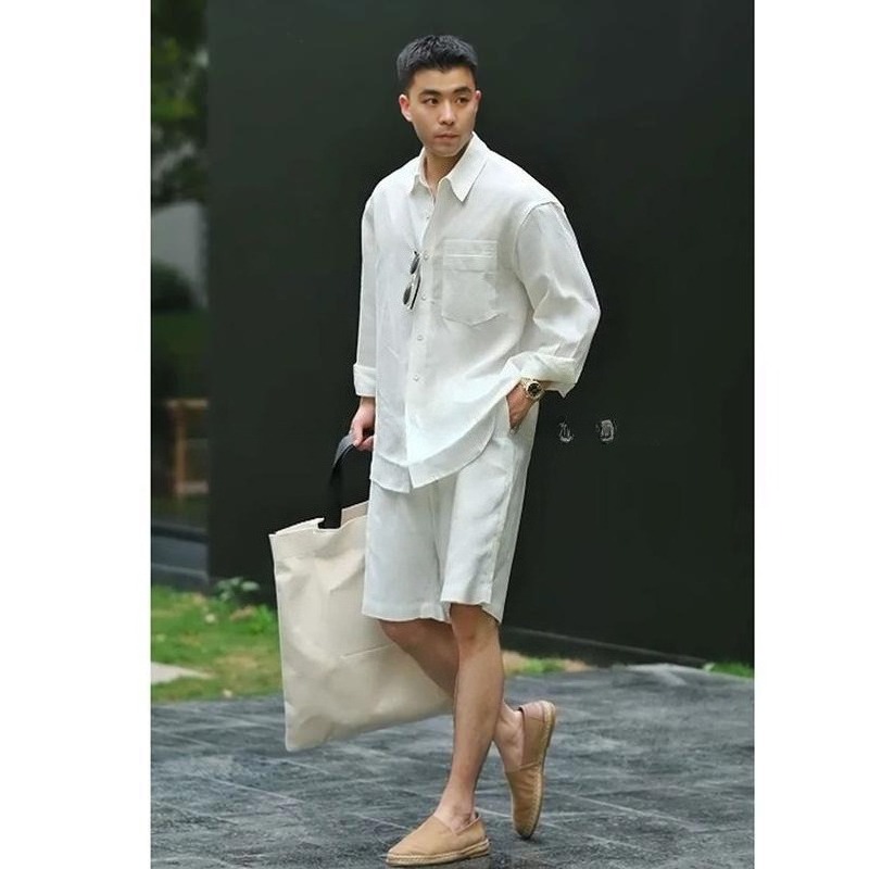 여름 캐주얼 세트 라이오셀 린넨 셔츠와 반바지 남성용  - Mens Fashion Suits 리뷰 및 가격