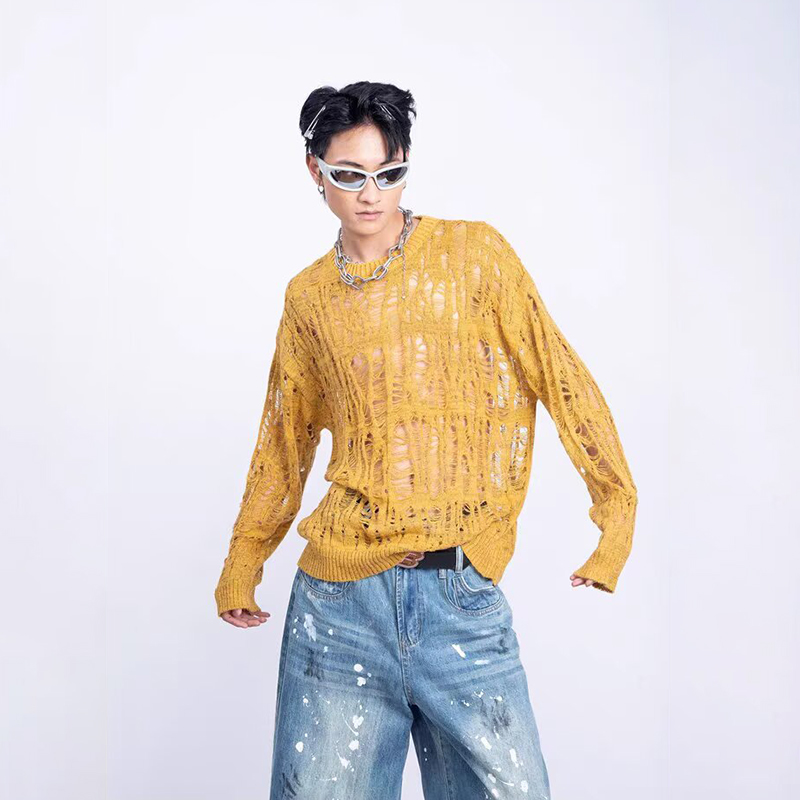 빈티지 찢어진 메쉬 니트 스웨터 남성 가을 스트리트웨어 - Mens Fashion Mullet 리뷰 및 가격